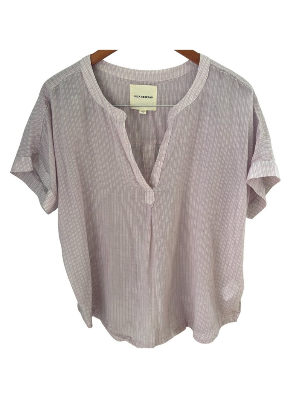 Lucky Brand Dolman V-Neck Top Sz Large Light Purple w/ White Stripe Semi-Sheer